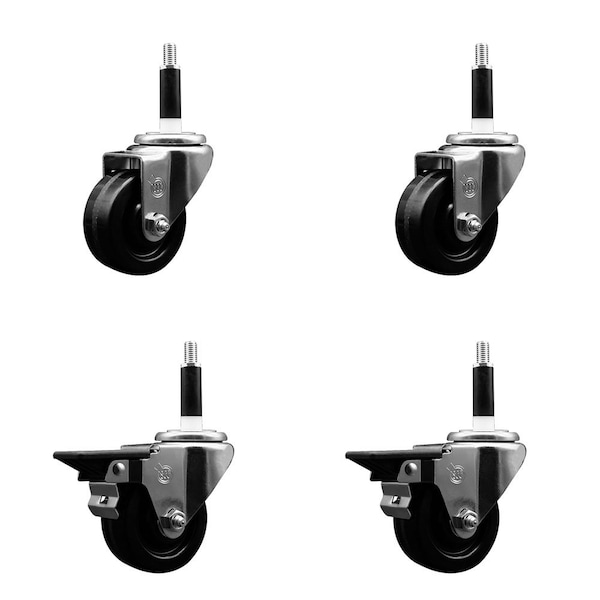 3'' Phenolic Wheel Swivel 7/8'' Expand Stem Caster Set 2 Brakes, 4PK